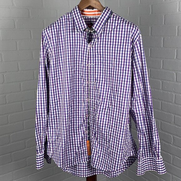 Robert X Graham Shirt Mens 2XLarge Blue Orange Gingham Check Tailored Fit - Picture 1 of 12